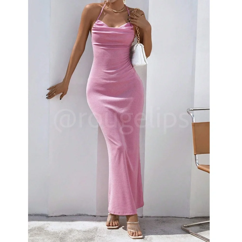 Glitter Lurex Pink Cowl Neck Backless Tie Straps Maxi Long Dress - Picture 8 of 10